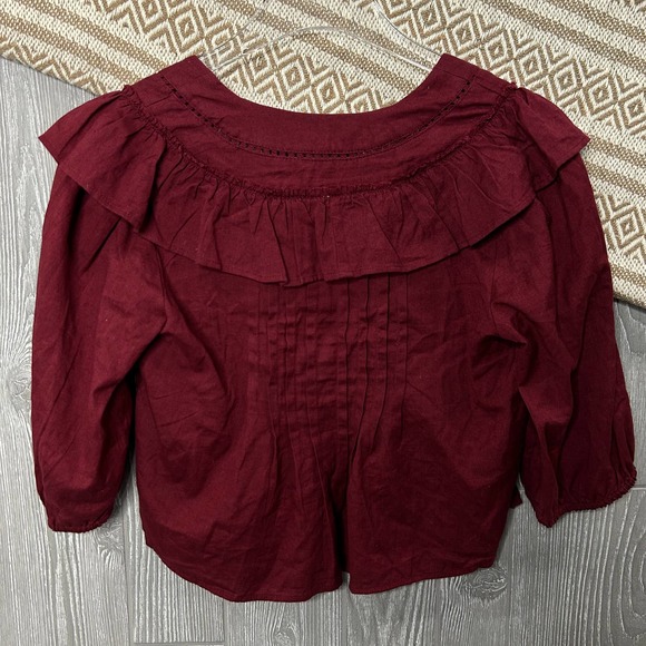 Free People Womens V-Neck Ruffle Trim 3/4 Sleeve Button Front Cropped Top S - Picture 5 of 10